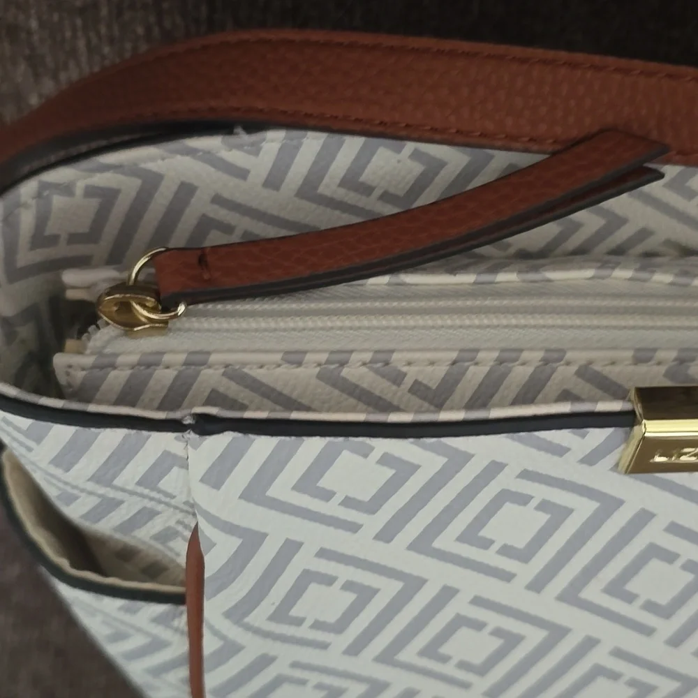 Light Gray Patterned Tote with Brown Trim - Unknown Brand